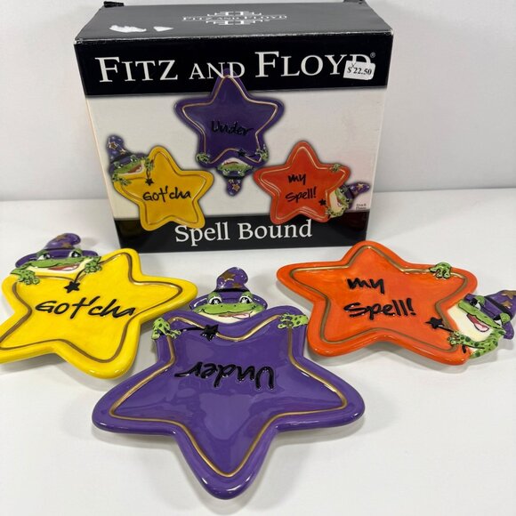 3 Fitz Floyd Spell Bound Halloween Hors d'oeuvre Plates Snack Dishes Star Frog - Picture 1 of 7